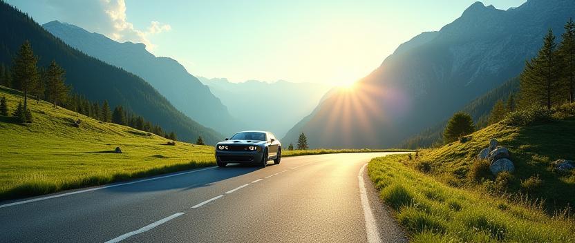 Strada panoramica in Svizzera con auto e paesaggio montano
